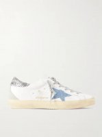 Superstar distressed denim-trimmed glittered leather sneakers