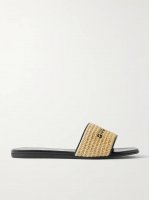 4G leather-trimmed embroidered raffia slides