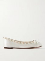 Rockstud leather-trimmed bow-embellished satin ballet flats