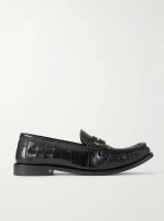 Logo-embellished glossed textured-leather penny loafers