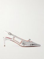 Buckle-embellished sequined metallic leather slingback pumps