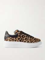 Leather-trimmed leopard-print calf hair sneakers