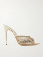 Blonde leather-trimmed crystal-embellished mesh mules