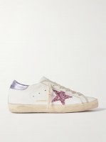 Superstar glittered distressed snake-effect trimmed leather sneakers