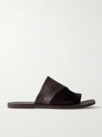 Asymmetric woven leather slides