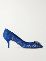 Crystal-embellished lace pumps