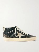 Mid Star suede and leather-trimmed distressed glittered faux leather sneakers