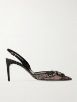 Crystal-embellished lace and satin slingback pumps