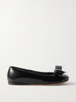 Puffy bow-detailed glossed-leather ballet flats