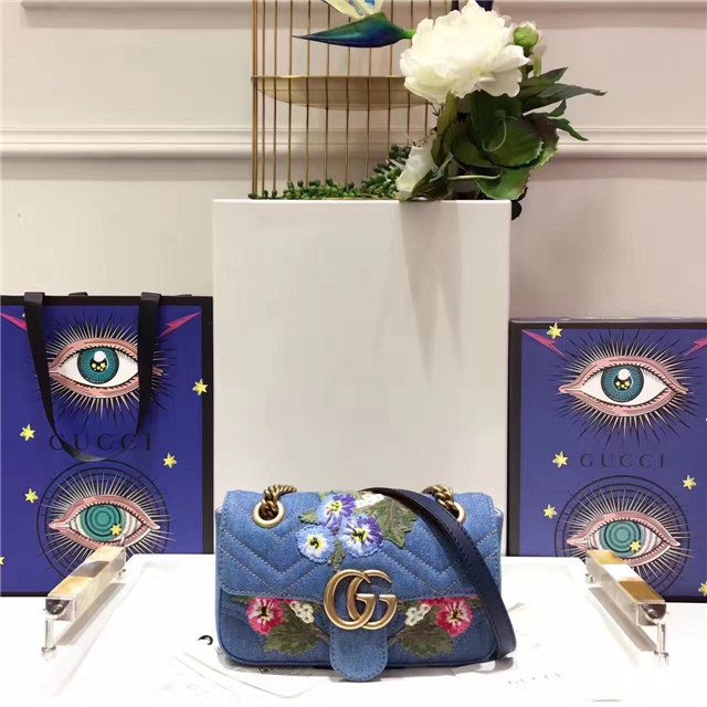 Gucci GG Marmont Mini Bag Denim Flowers