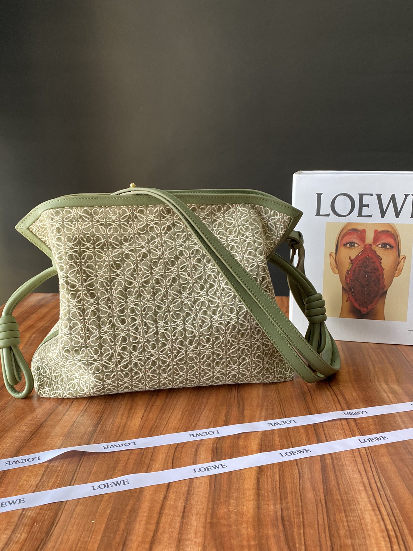 LOEWE CROSSBODY Embroidered Green with Beige Pattern