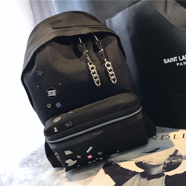 Yves Saint Laurent City Backpack With Pocket Patch Black Twill And Leather