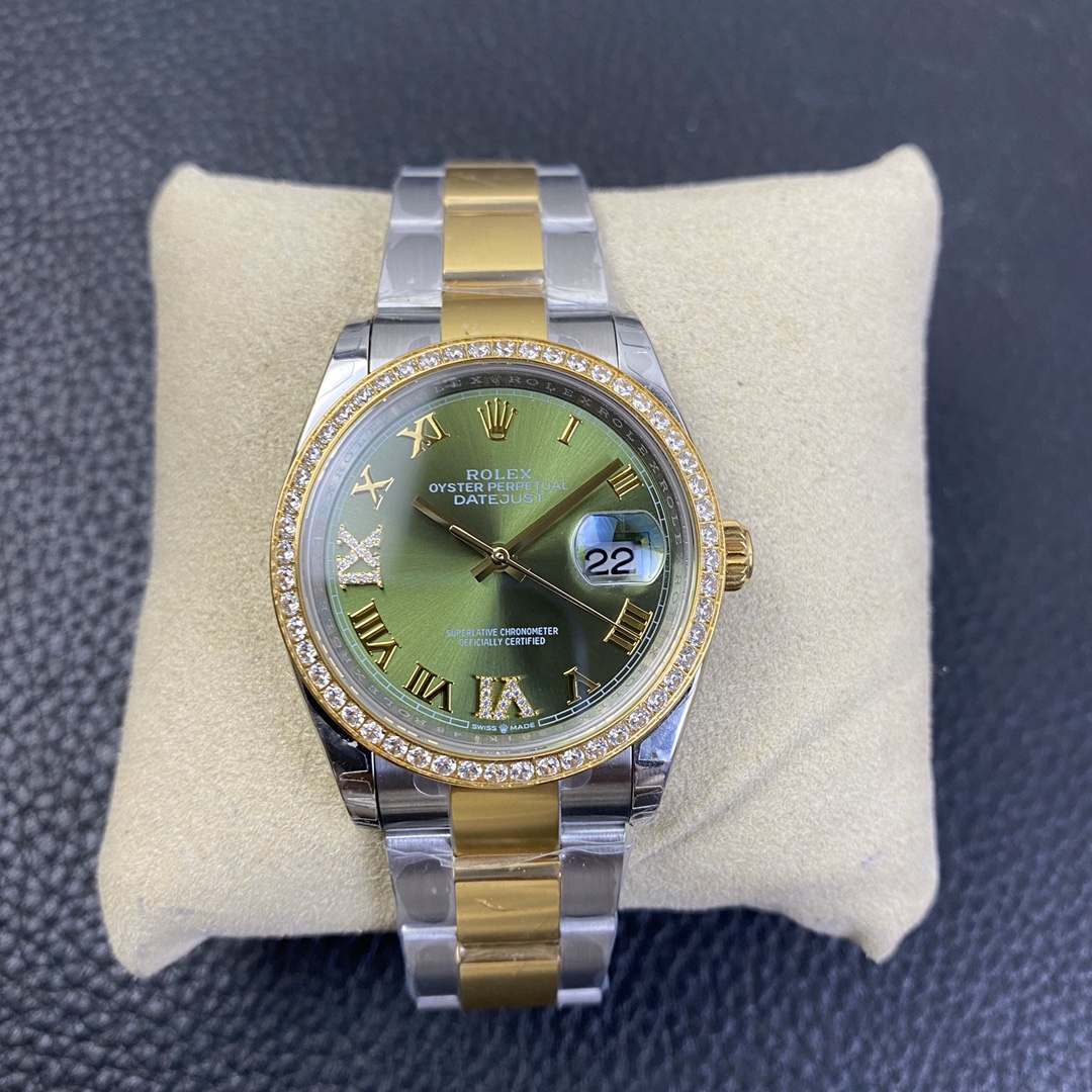 Rolex Datejust 36 Series, Top-of-the-Line Model with Gold Roman Numerals and Diamond Bezel