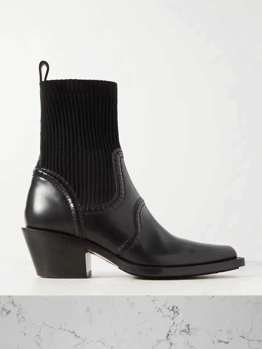 Nellie leather and ribbed cashmere-blend ankle boots