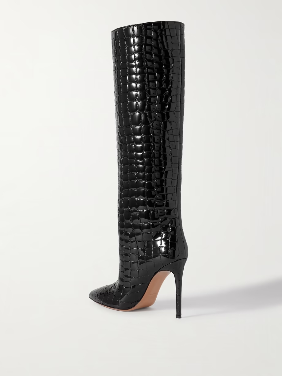 Croc-effect leather knee boots