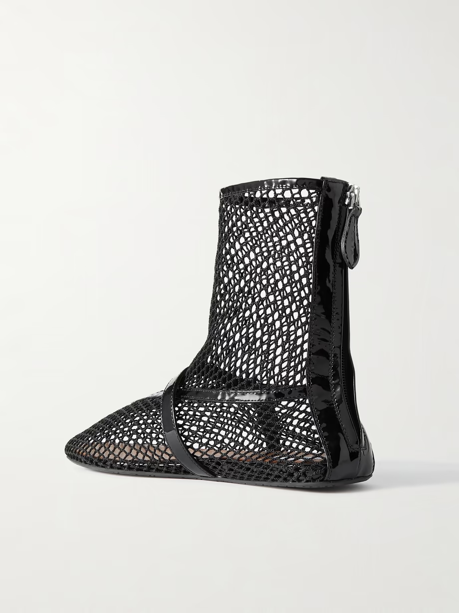 Patent leather-trimmed mesh ankle boots