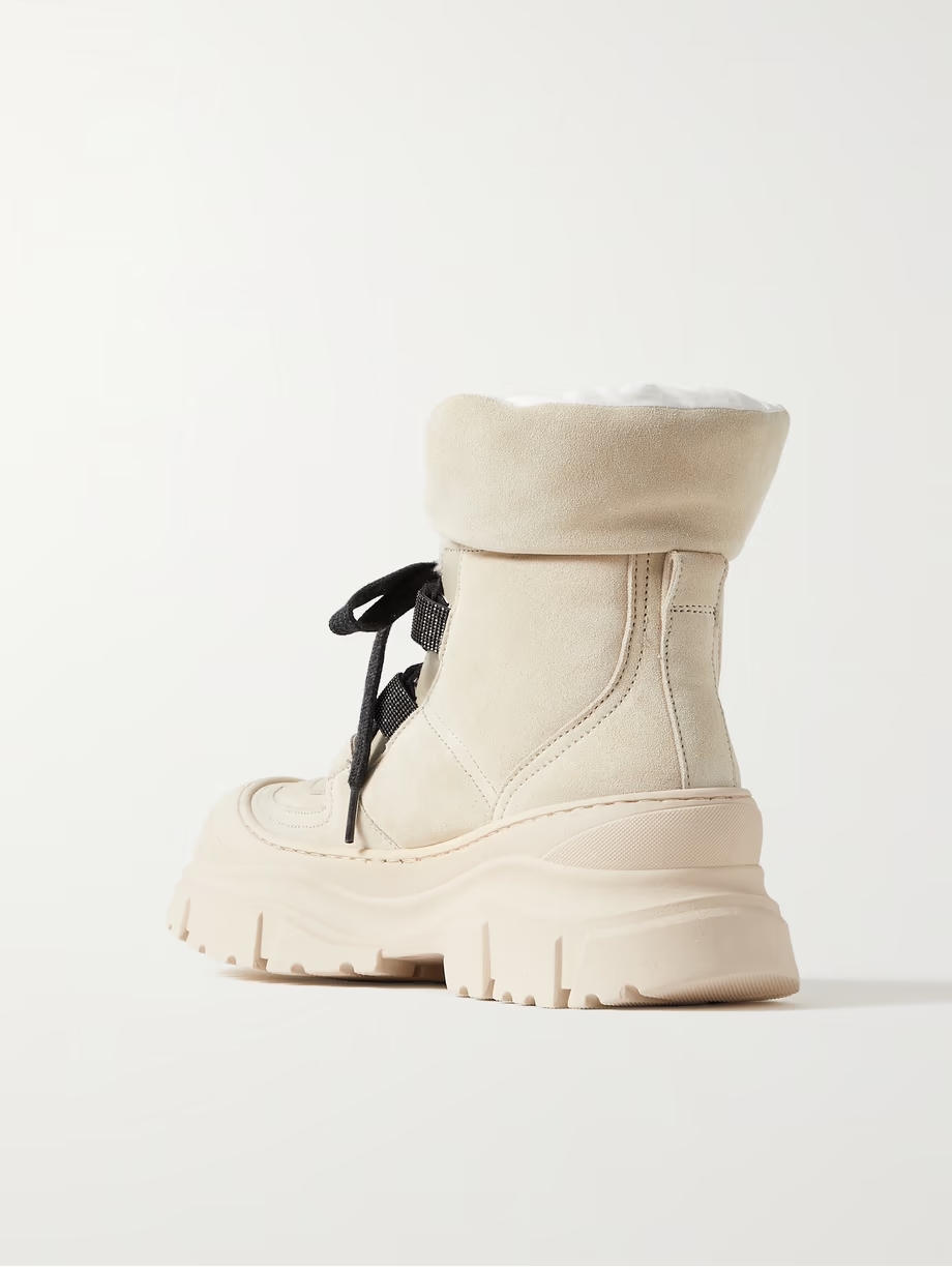 Bead-embellished shearling-trimmed suede ankle boots