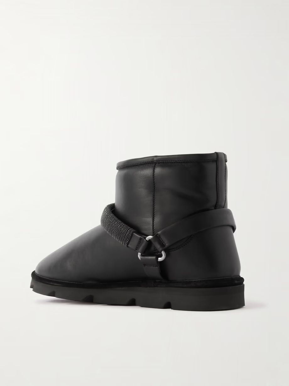 Bead-embellished shearling-lined padded leather ankle boots