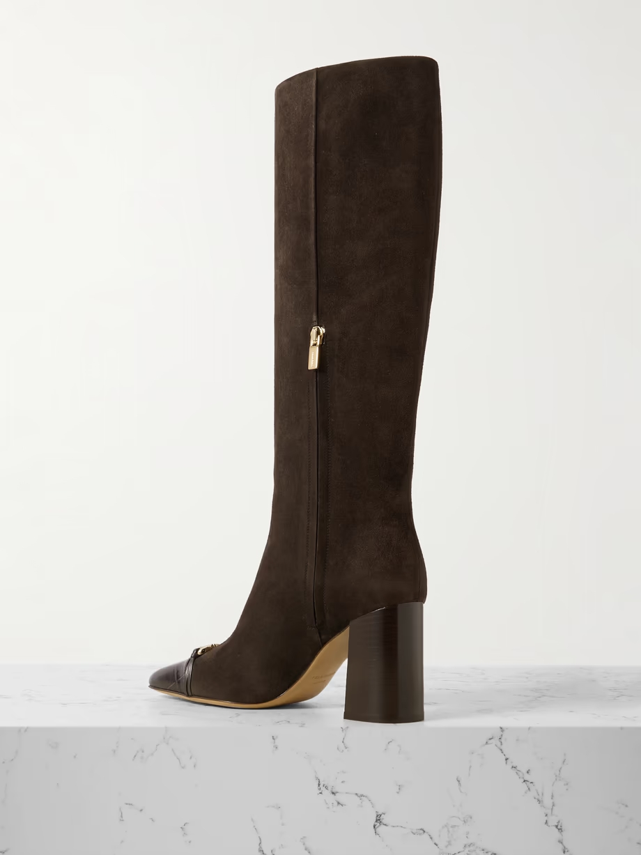 Sibilla embellished croc-effect leather-trimmed suede knee boots