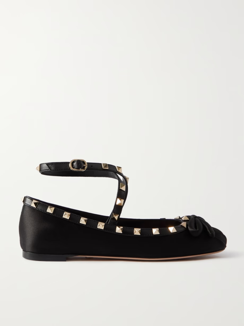 Rockstud leather-trimmed satin ballet flats