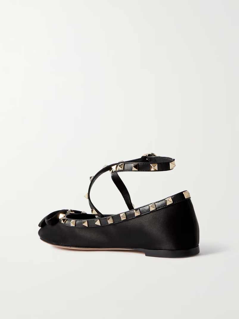 Rockstud leather-trimmed satin ballet flats