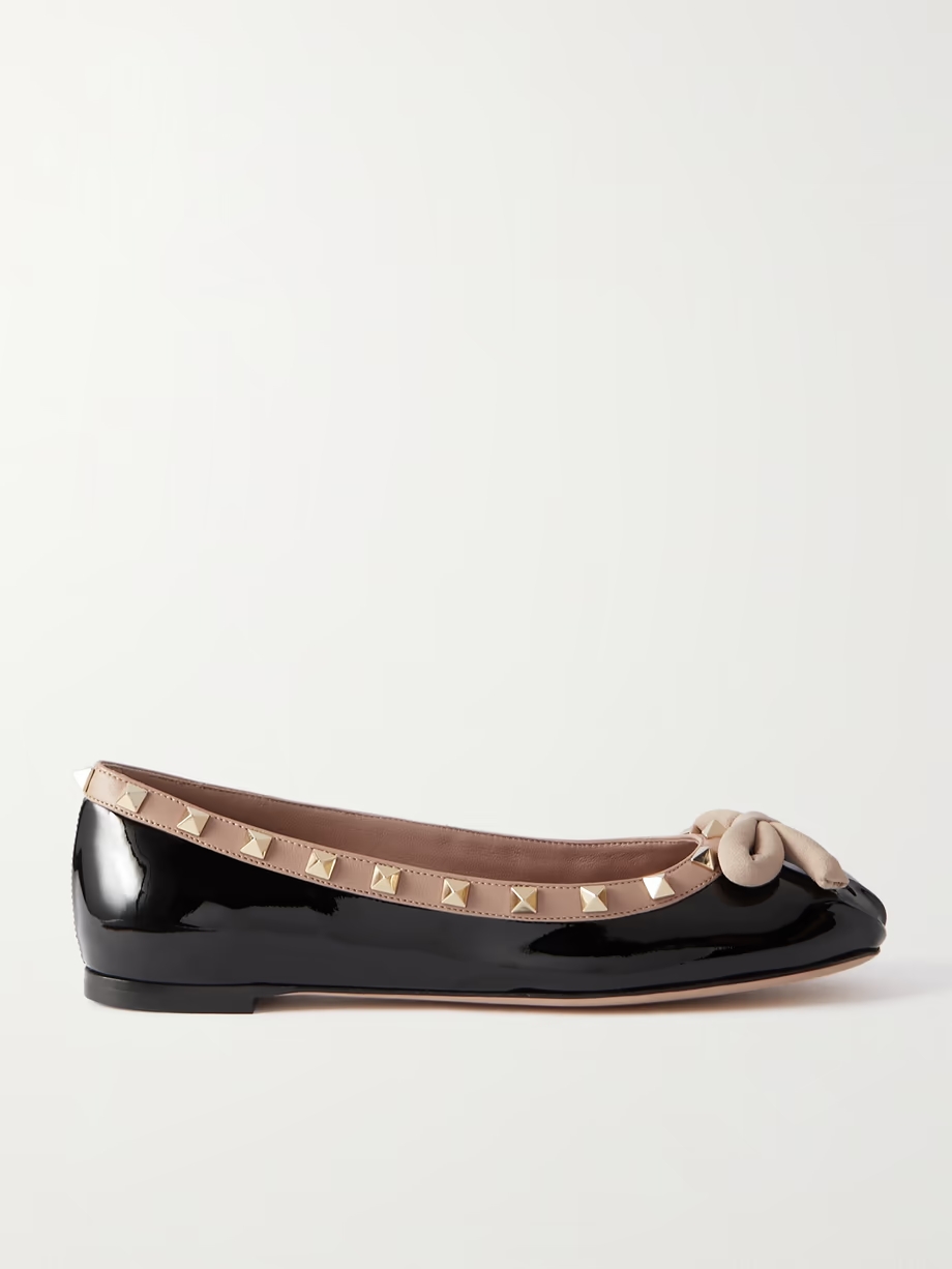 Rockstud bow-embellished patent-leather ballet flats