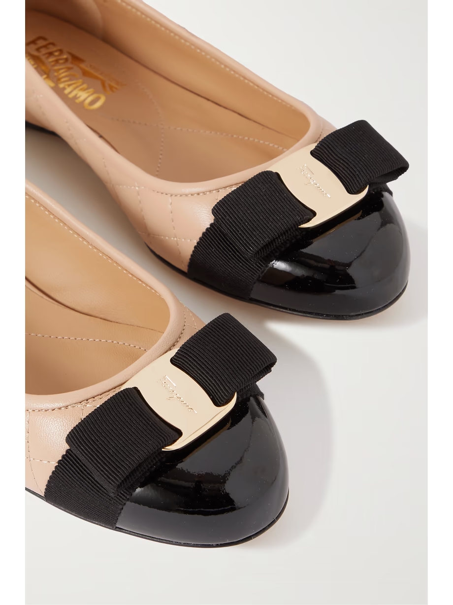 Varina bow-embellished quilted smooth and patent-leather ballet flats