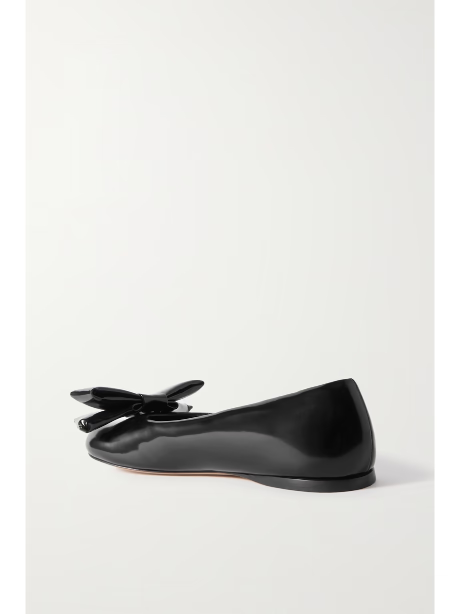 Puffy bow-detailed glossed-leather ballet flats