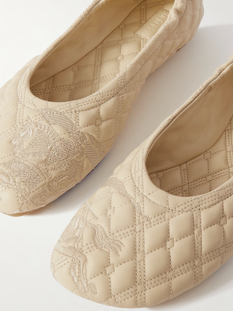 Embroidered quilted leather ballet flats