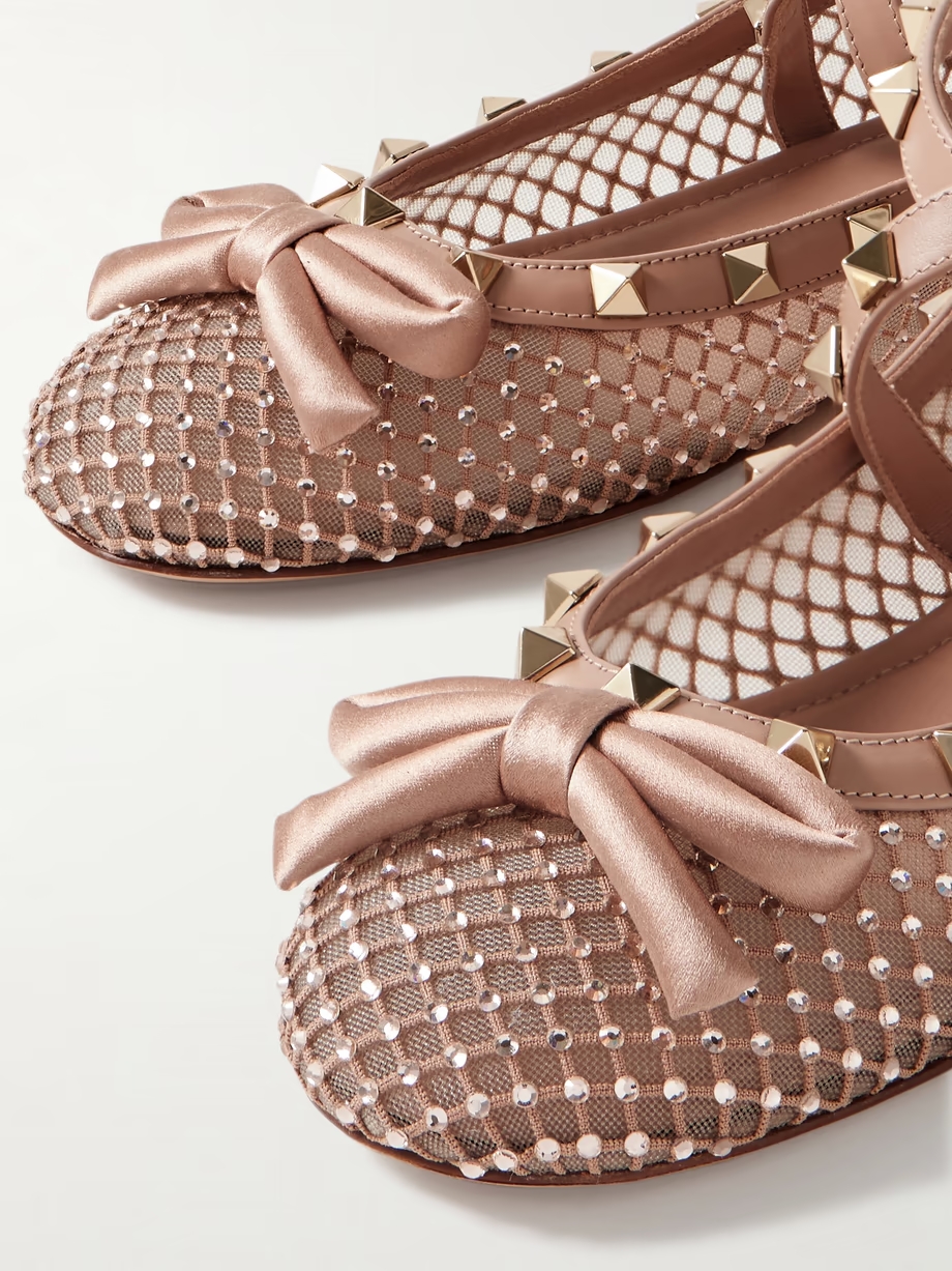 Rockstud leather and satin-trimmed crystal-embellished tulle ballet flats