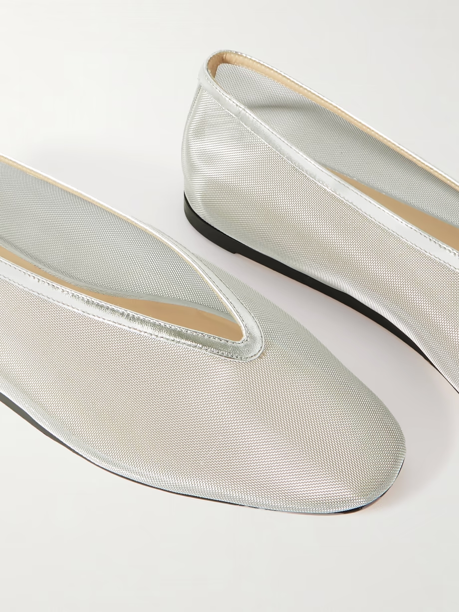 Luna metallic leather-trimmed mesh ballet flats