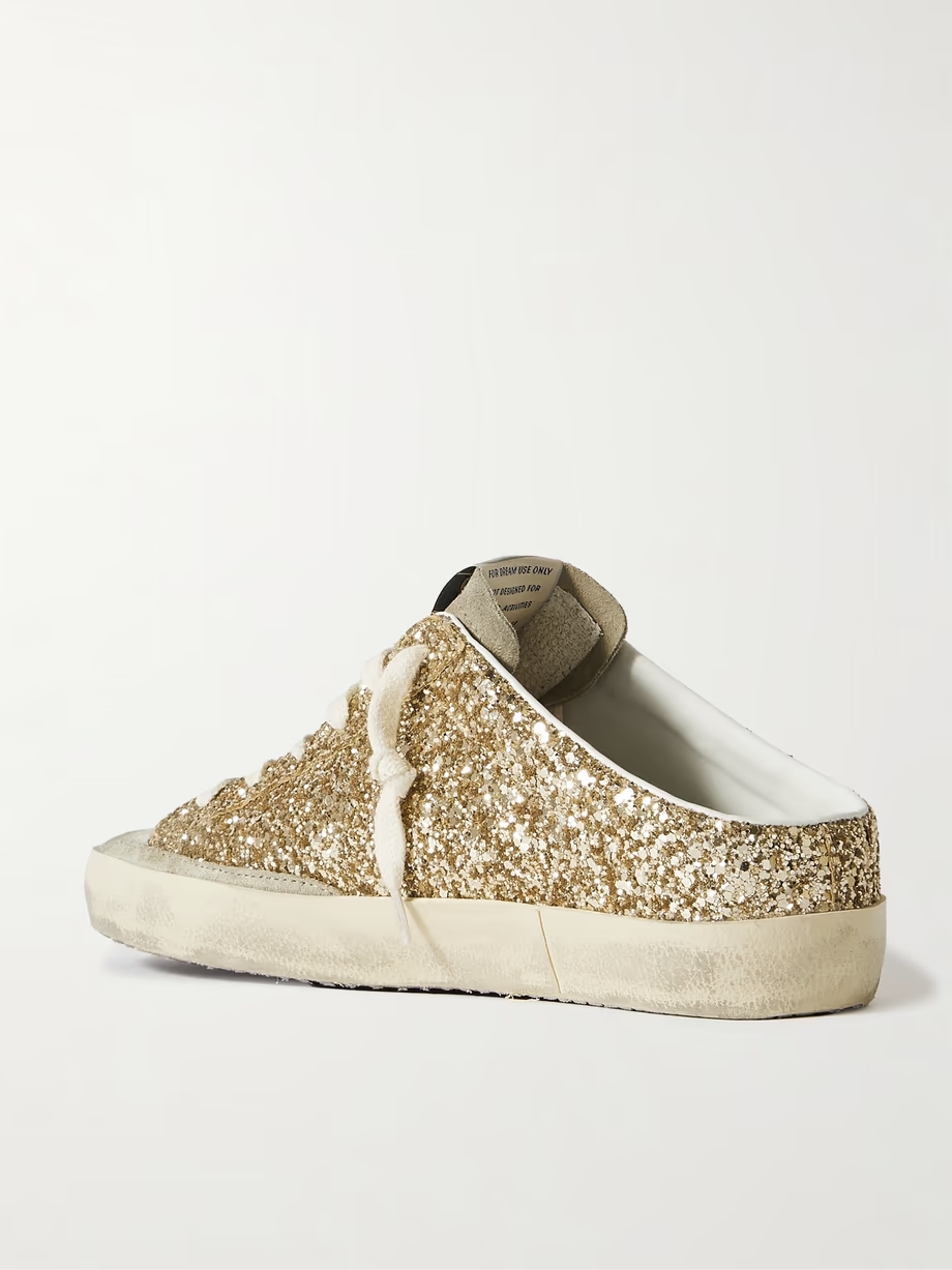 Super-Star Sabot distressed leather-trimmed glittered suede slip-on sneakers