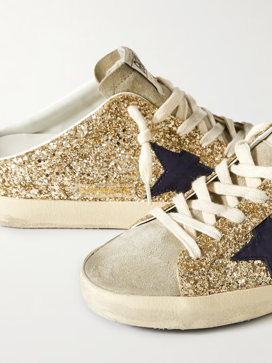 Super-Star Sabot distressed leather-trimmed glittered suede slip-on sneakers