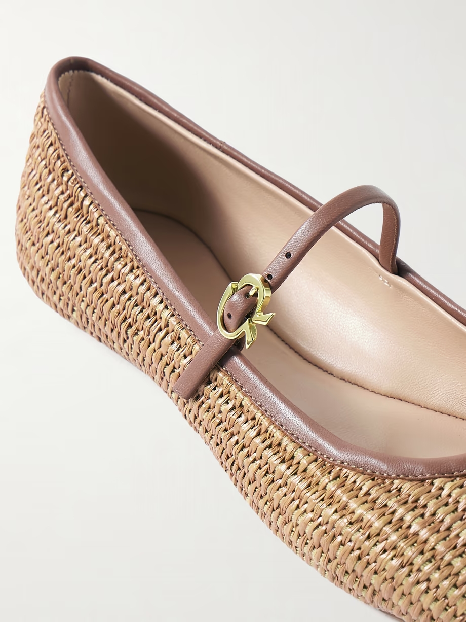 Carla leather-trimmed raffia Mary Jane ballet flats