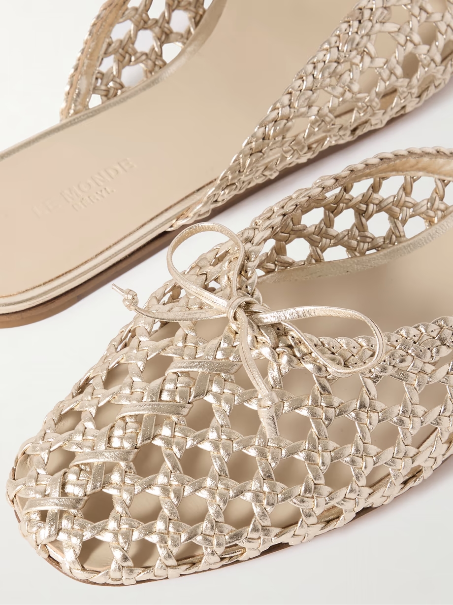 Regency bow-embellished woven metallic leather slides