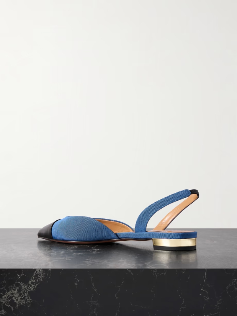 Milanese leather-trimmed grosgrain slingback flats