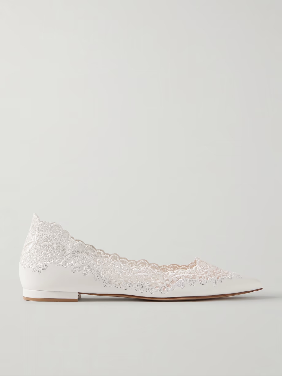 Lace-trimmed leather point-toe flats