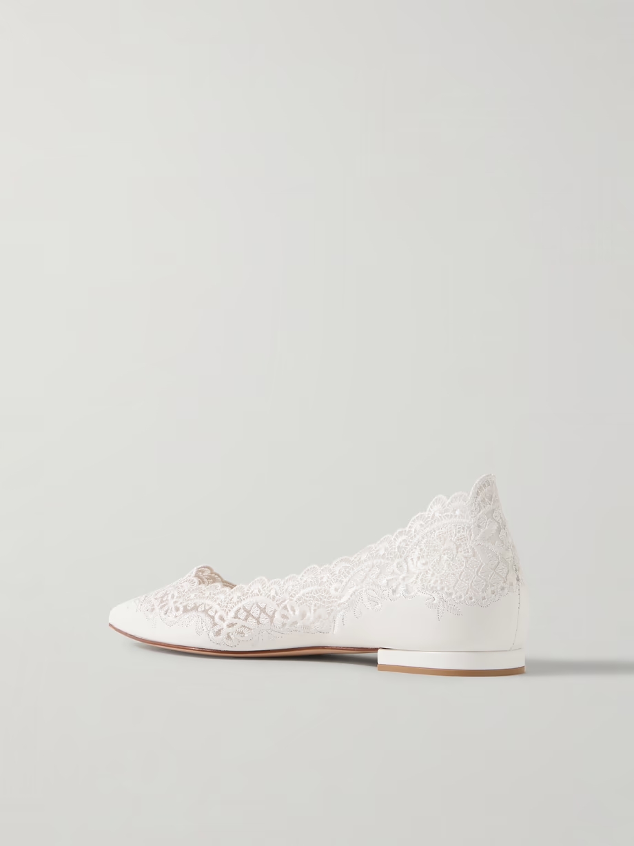 Lace-trimmed leather point-toe flats