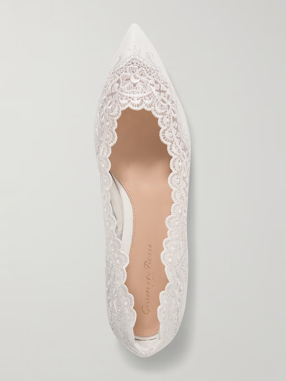 Lace-trimmed leather point-toe flats