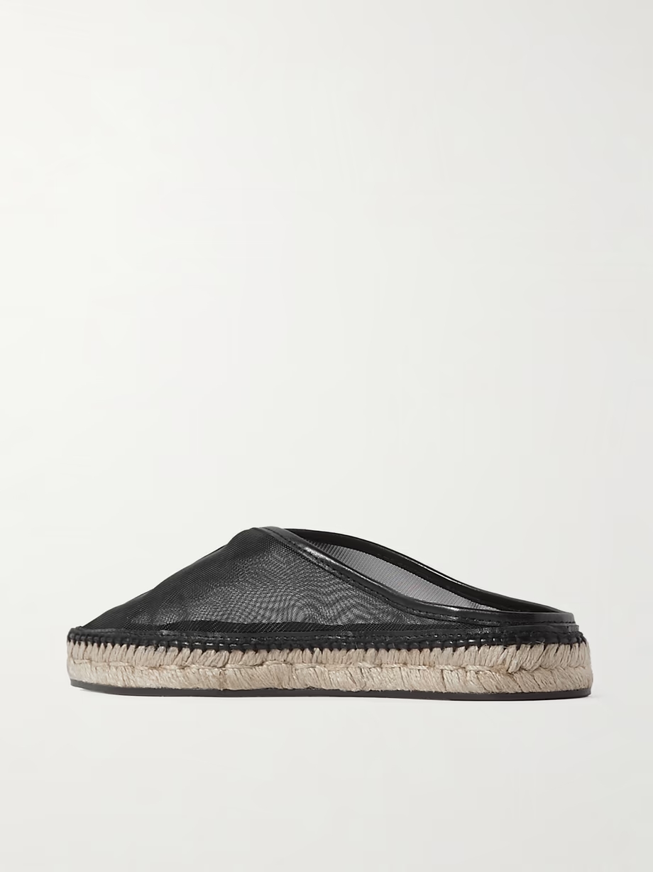 Leather-trimmed mesh espadrille mules