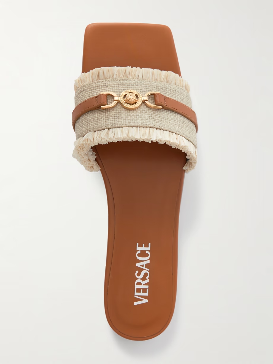 Embellished leather-trimmed raffia mules Embellished leather-trimmed raffia mules