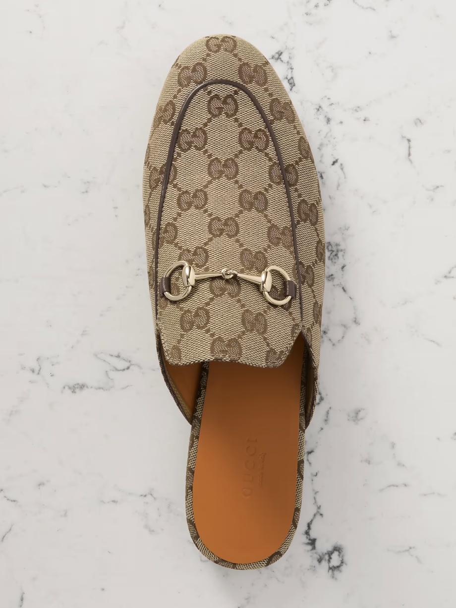 Princetown horsebit-detailed leather-trimmed canvas-jacquard slippers