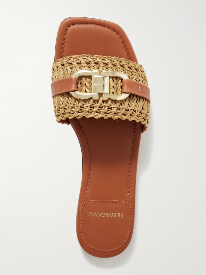 Leah logo-embellished leather-trimmed raffia sandals