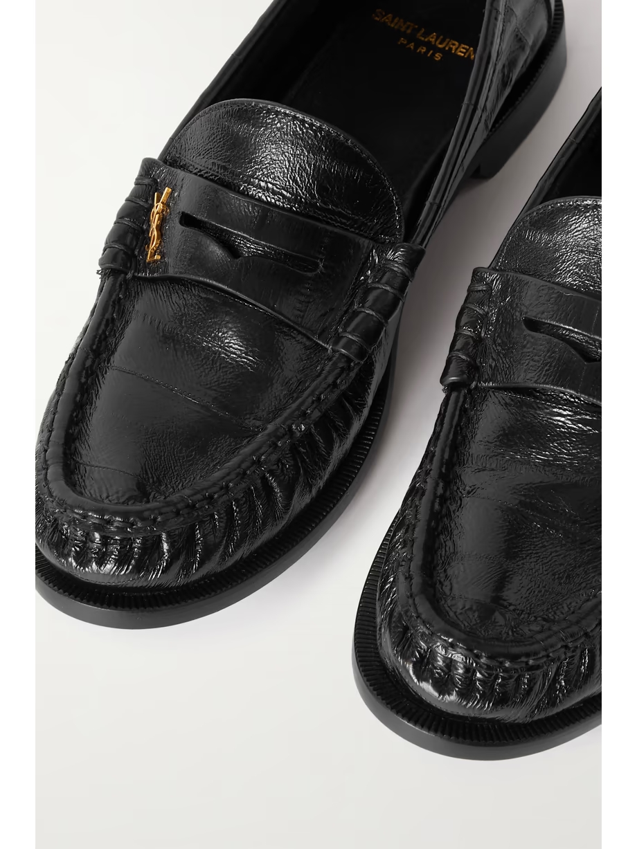 Logo-embellished glossed textured-leather penny loafers