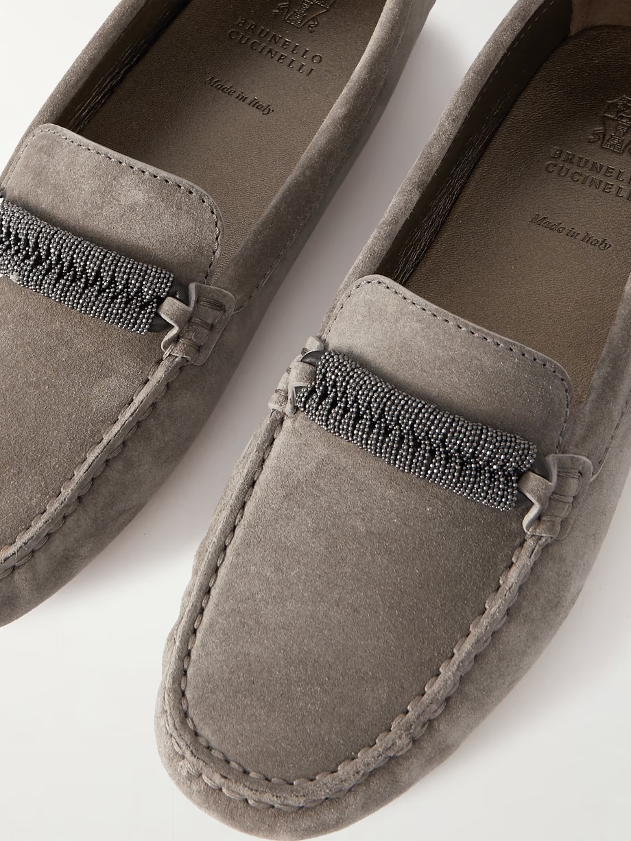 Bead-embellished suede loafers