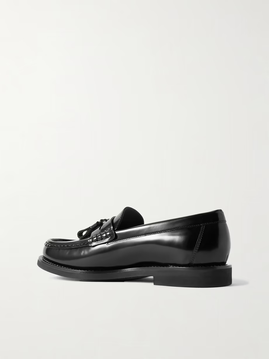 Bead-embellished tasseled glossed-leather loafers