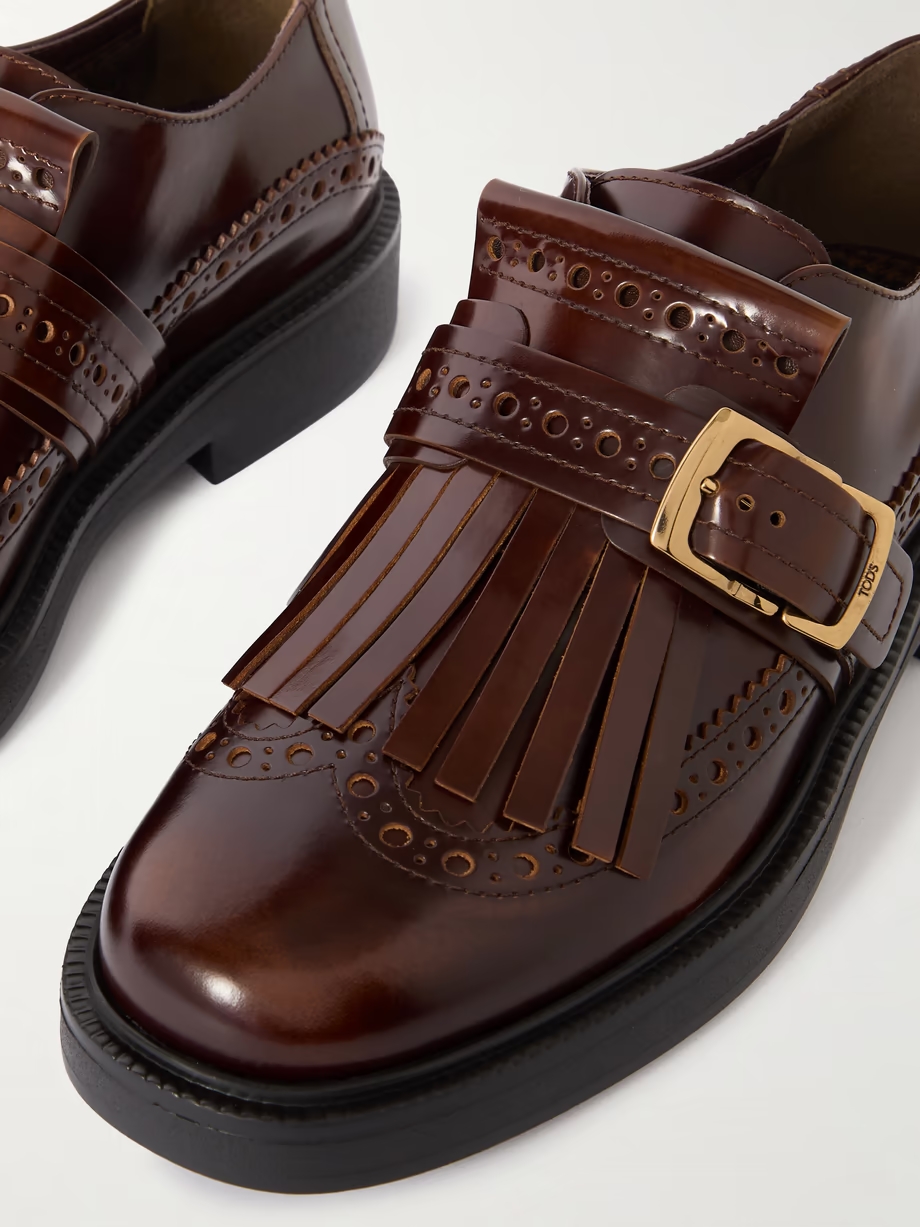 Fringed glossed-leather brogues