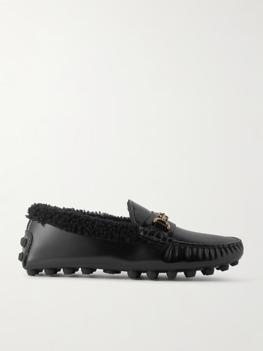 Gommino Macro embellished shearling-trimmed leather loafers Gommino Macro embellished shearling-trimmed leather loafers
