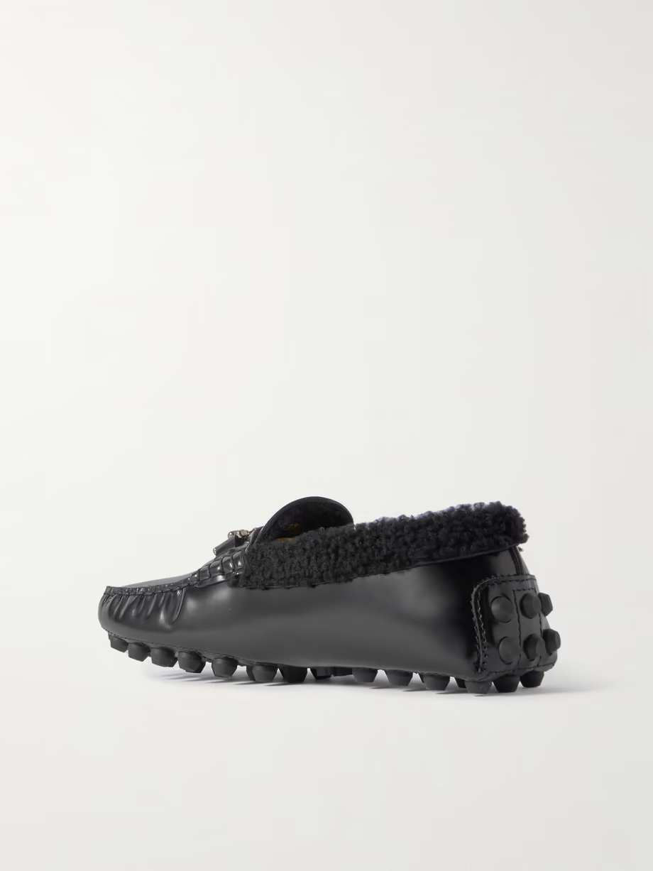 Gommino Macro embellished shearling-trimmed leather loafers Gommino Macro embellished shearling-trimmed leather loafers