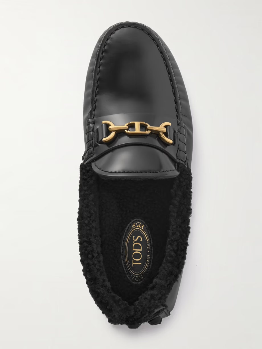 Gommino Macro embellished shearling-trimmed leather loafers Gommino Macro embellished shearling-trimmed leather loafers
